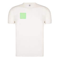 A cream organic adult t-shirt with a square design area on the front. It features a logo on the label.