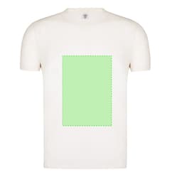 A light cream adult t-shirt featuring a plain green rectangle design. Includes a logo on the label.