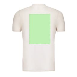 A beige adult T-shirt featuring a light green rectangular area on the back. The shirt has a logo.
