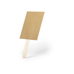 A brown cardboard sign on a wooden stick, standing upright against a white background.