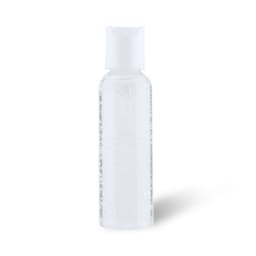 A transparent hand sanitiser bottle with a white cap, featuring a clear gel inside. It has a brand logo.