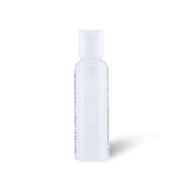A clear hand sanitiser bottle with a white lid, featuring a smooth surface and a simple design.
