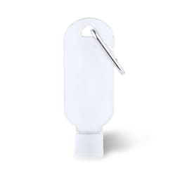 A white hand sanitiser bottle with a carabiner clip for easy attachment.