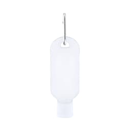 A white hand sanitiser bottle with a screw cap and a metal clip attached for easy carrying.