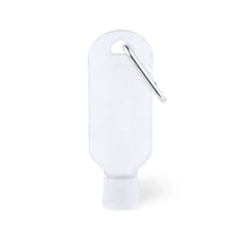 A clear, squeeze bottle with a white cap and a silver carabiner for easy attachment.