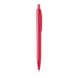 A red plastic pen with a streamlined design and a clip, featuring a logo on the body.