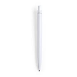 A white plastic pen with a sleek design and an embedded logo at the top.
