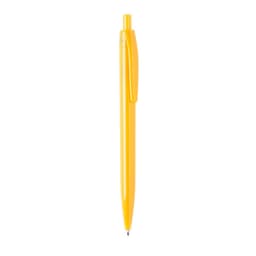 A yellow plastic pen with a clip and ballpoint tip, featuring a simple design and a logo.