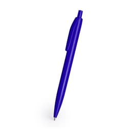 A blue plastic pen with a click mechanism and a smooth barrel, featuring a logo on the clip.