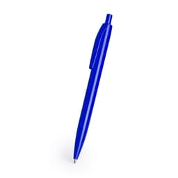 A blue plastic pen with a click mechanism and a logo on the barrel.