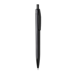 A black plastic pen featuring a clip, with a sleek, modern design and a visible branding logo.