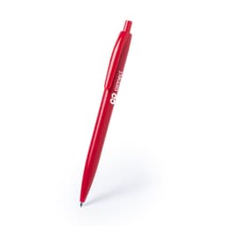 A red plastic pen with a smooth finish and a branded logo.