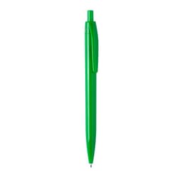 A green plastic pen with a click mechanism and a clip for attachment, featuring a logo on its body.
