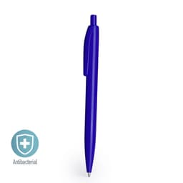 A blue plastic pen with a smooth finish and an antibacterial feature. The pen has a logo on it.