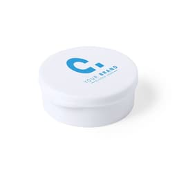 A round white container with a blue logo and branding, designed for promotional use.