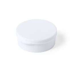 A white round container with a lid, featuring a simple design and a seamless exterior.