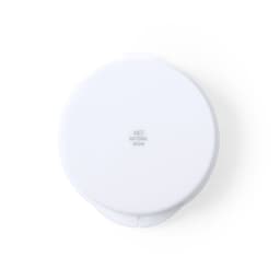 A round, white lid with an antibacterial feature, designed for drinkware. It has a logo on the surface.