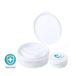 A white container with a hinged lid, featuring antibacterial properties, and an interior compartment. It has a logo.