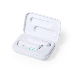 A pair of white antibacterial earphones in a case, with indicator lights and a logo on the exterior.