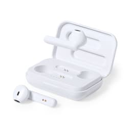 A pair of white antibacterial earphones and their charging case, featuring a logo on the case.