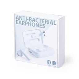 A white box containing antibacterial earphones with a charging case, featuring Bluetooth and hands-free capabilities.