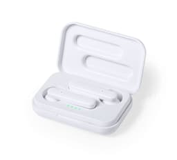 White antibacterial earphones in a compact charging case with indicator lights. The case has a clean, modern design.
