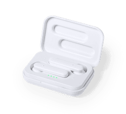 White antibacterial earphones resting in a charging case, featuring a simple design and LED indicator lights.