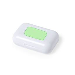 A white case for earphones with a smooth surface and a rectangular green-sectioned area on top.