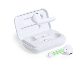 White antibacterial earphones resting in their charging case, featuring a sleek design with a green charging indicator.