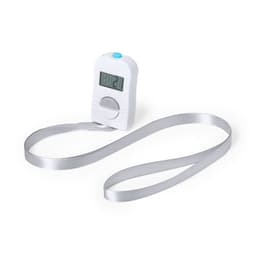 A white Dolim tally counter with a digital display and a silver ribbon attached.