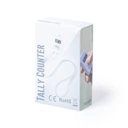 A white box containing a digital tally counter with a display and a lanyard. The box features a logo.