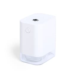 A white hand sanitiser dispenser with a transparent base and a power button on the side.
