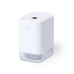 A hand sanitiser unit in white with a transparent base and a button on the front. It has a sleek, modern design.