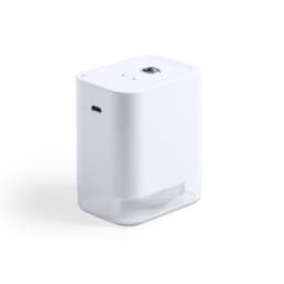 A white hand sanitiser dispenser with a transparent base and a USB charging port.