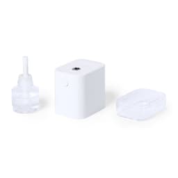 A white hand sanitiser device accompanied by a small refill bottle and a detachable top.