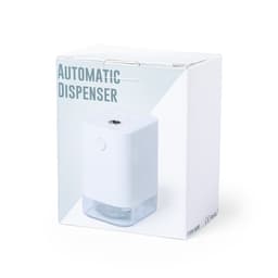 A white automatic hand sanitiser dispenser in a box, featuring a clear bottom section and a simple design.