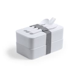 A white lunch box with two stackable tiers secured by a grey strap, complete with cutlery on top.