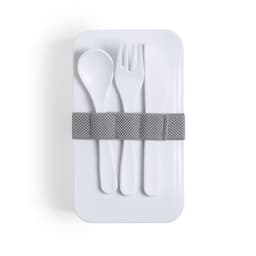 A white lunch box with a grey strap, containing a spoon, fork, and knife. It has a simple, modern design.