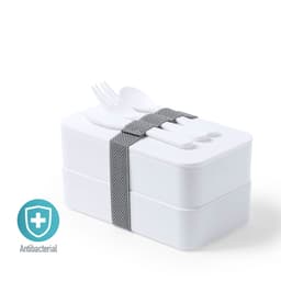 A white Fandex Lunch Box featuring two stacked compartments and a grey strap, with cutlery included on top.