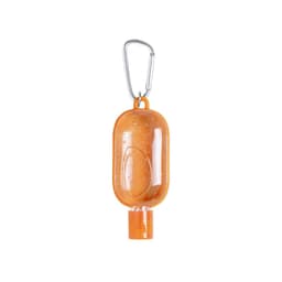 An orange hand sanitiser in a rounded container with a carabiner clip and a clear gel inside.