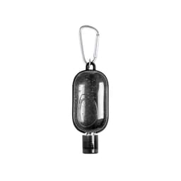 A black hand sanitiser bottle with a carabiner clip and a transparent cap. The bottle has a sleek, oval shape.