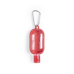 A red hand sanitiser in a portable container with a carabiner attachment.