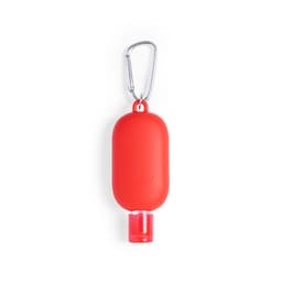 A red hand sanitiser bottle with a clear bottom and a metal clip for easy attachment.