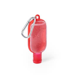 A hand sanitiser bottle with a bright red casing and a clear gel inside, featuring a metal carabiner.