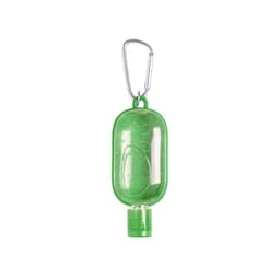 A green hand sanitiser in a clear bottle with a carabiner clip for easy attachment.