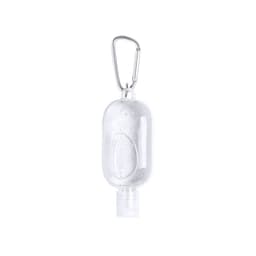 A clear hand sanitiser in a rounded bottle with a carabiner clip for easy attachment.