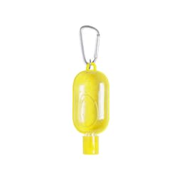 A yellow hand sanitiser in a bottle shape, featuring a carabiner attachment.
