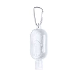 A clear hand sanitiser bottle with a carabiner clip attached for easy carrying.