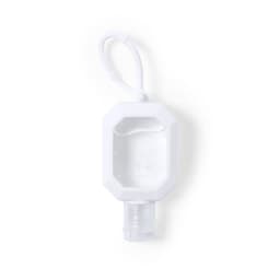 A white hand sanitiser bottle with an oval shape and a clear liquid inside. It features a loop for easy attachment.