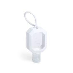 A white hand sanitiser bottle with an octagonal shape and a loop for attachment.